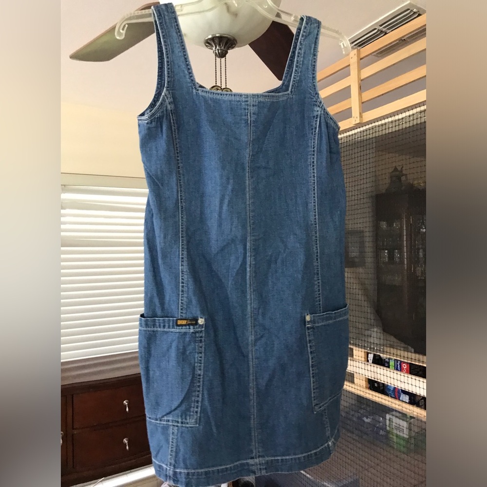 DKNY jeans size 6 Blue Denim Pinafore Dress with Front Pockets